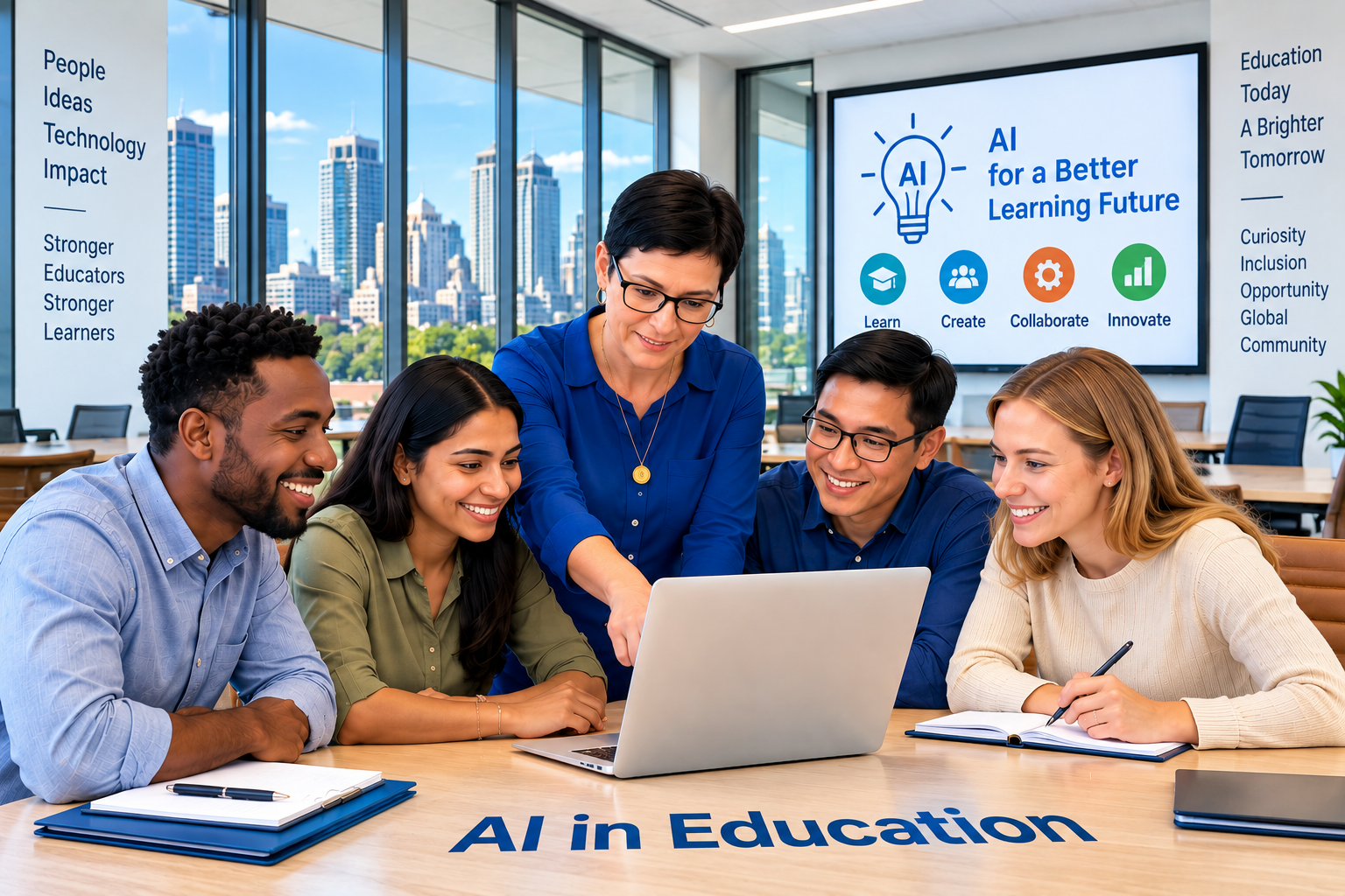 Educators collaborating around a table with AI in Education displayed on the tabletop